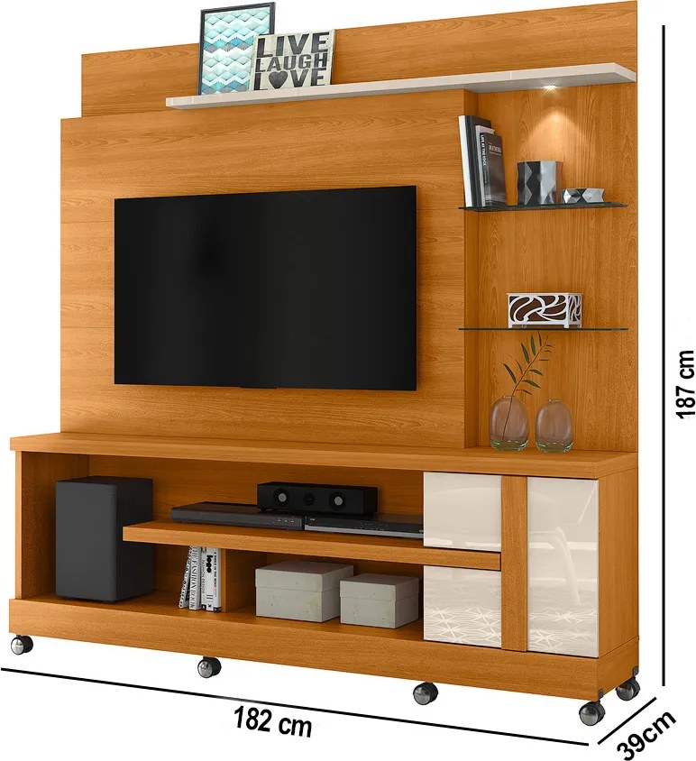 Estante de TV 55 Pol 182cm com Rodízio para Sala Elaris Cinamomo/Off White M20 - D'Rossi