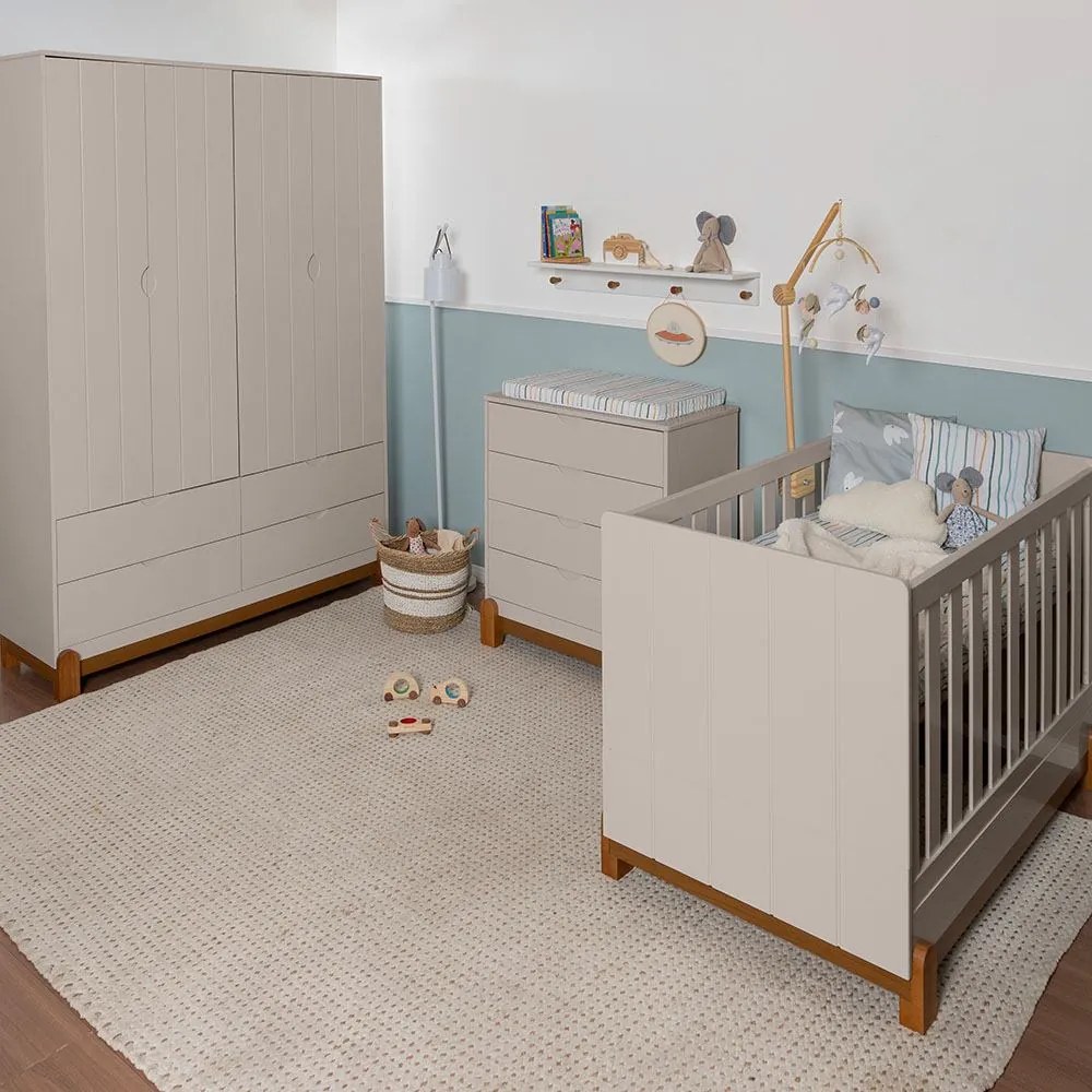 Kit Quarto Infantil Lotus Berço Mini Cama com Frisos + Cômoda 4 Gavetas + Guarda-Roupa 4 Portas com 4 Gavetas - Areia Fosco