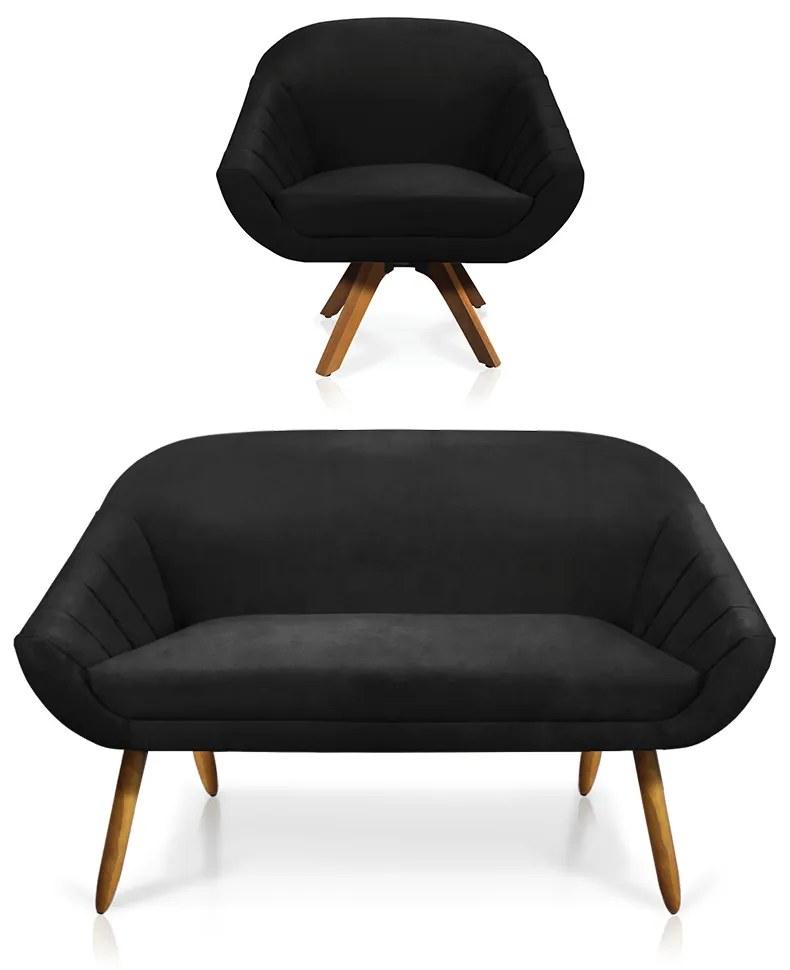 Kit 01 Namoradeira 02 Lugares e 01 Poltrona Giratória Giovana Suede Preto Base Madeira MM30 - D'Rossi