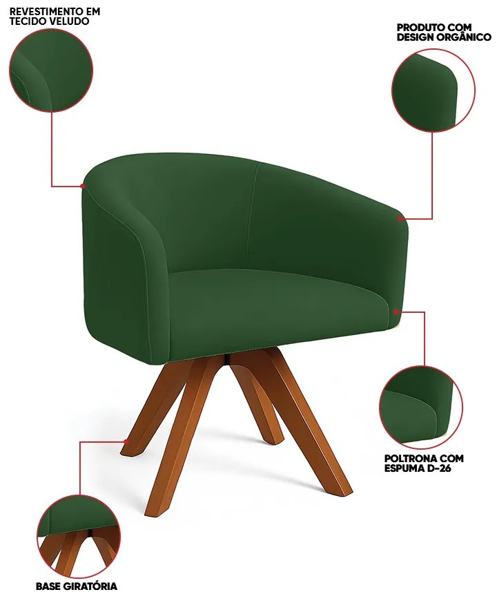 Poltrona Sala Base Giratória Madeira Arielle Veludo D03 - D'Rossi - Verde