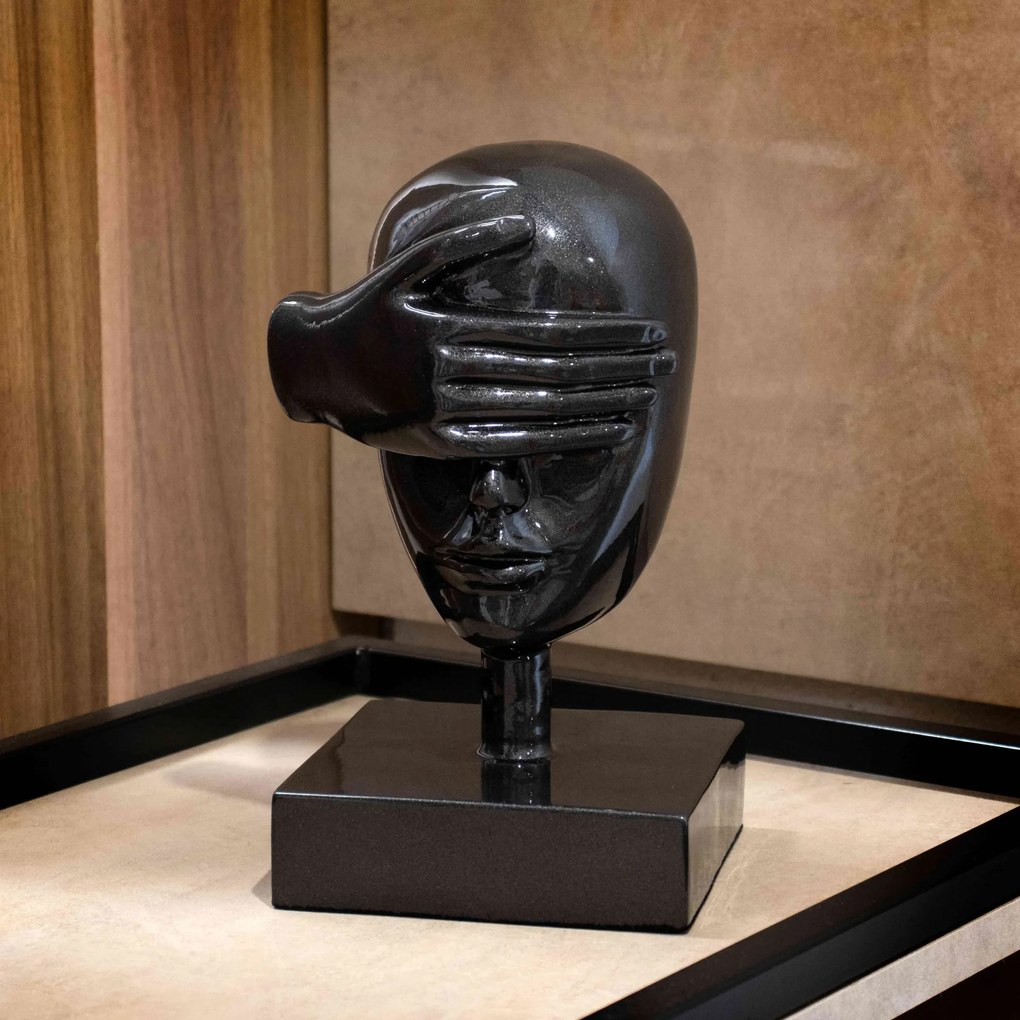Escultura Decorativa Máscara Rosto Cego Em Cerâmica Grafite 25x15 Cm - D'Rossi