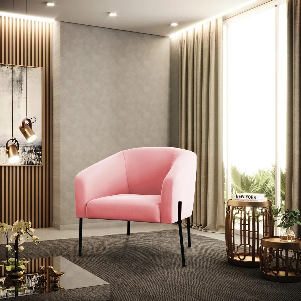 Poltrona Sala Decorativa Pé de Ferro Preto Kit 2 Stella Suede D03 - D'Rossi - Rosa Bebê