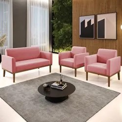 Sofá Namoradeira e 2 Poltronas Base Madeira Castanho Maressa Suede Ros