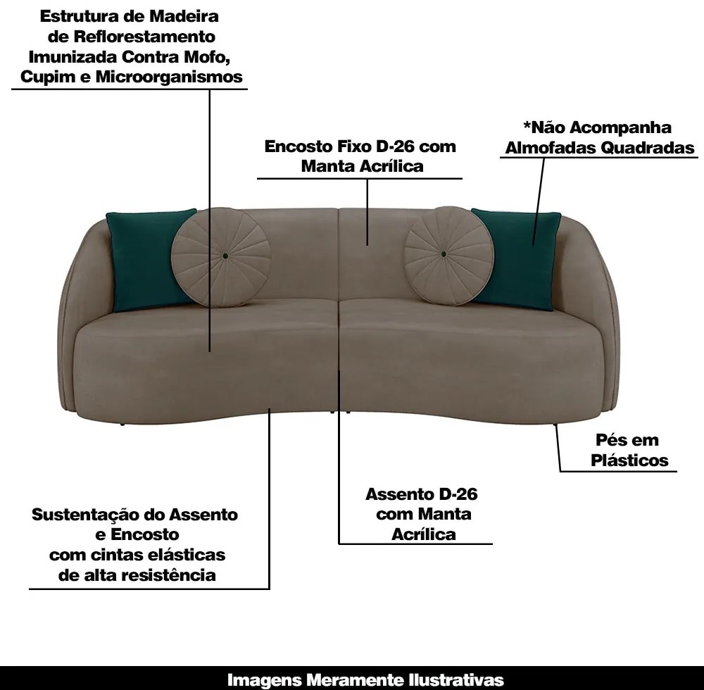 Sofá Decorativo 240cm com Almofadas Redondas Clarke Veludo Bege G45 - Gran Belo