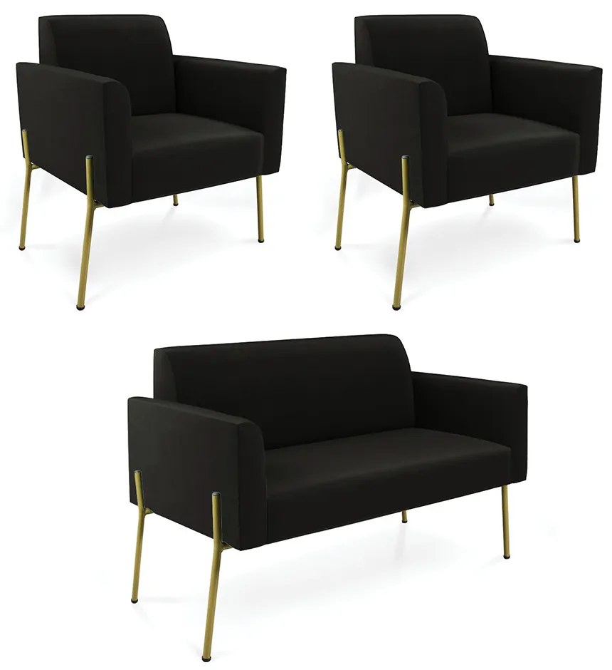 Sofá Namoradeira e 2 Poltronas Pé de Ferro Dourado Marisa Suede Preto