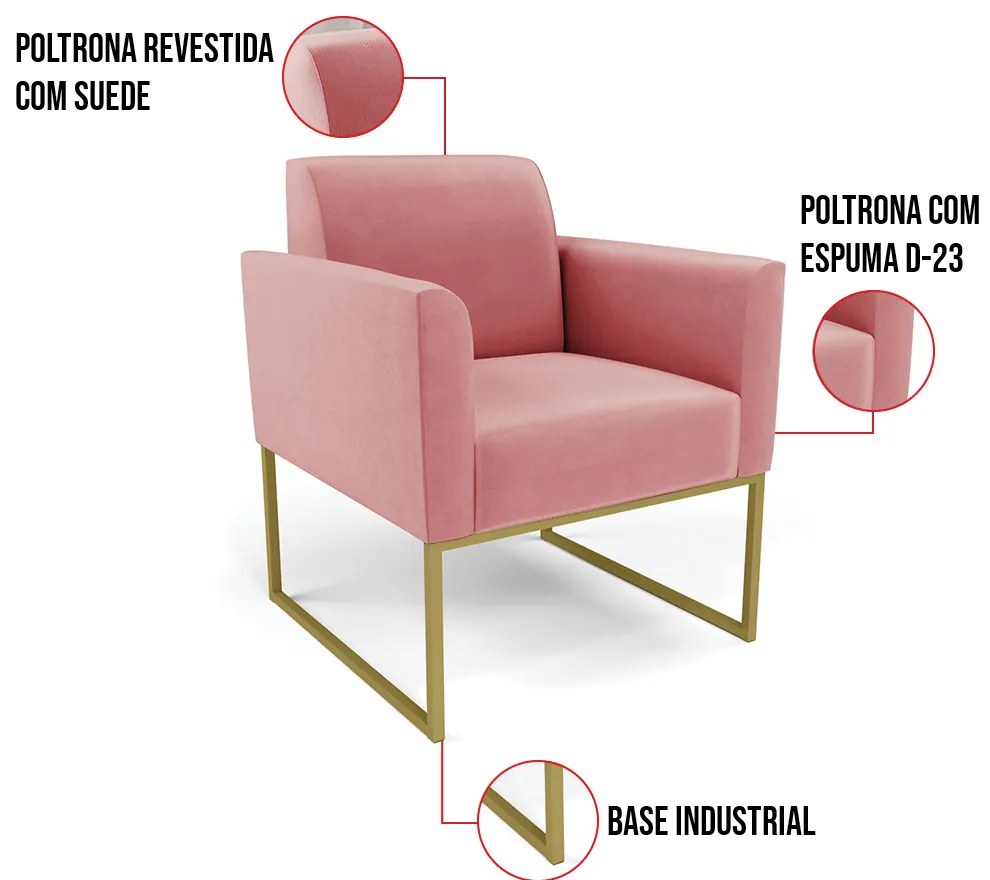 Kit 2 Poltronas Base Industrial Dourado Marisa Suede Rosê