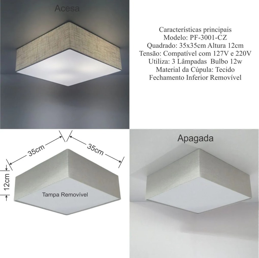 Plafon Quadrado Md-3001 Cúpula em Tecido 35x35x12cm Rústico Cinza - Bivolt