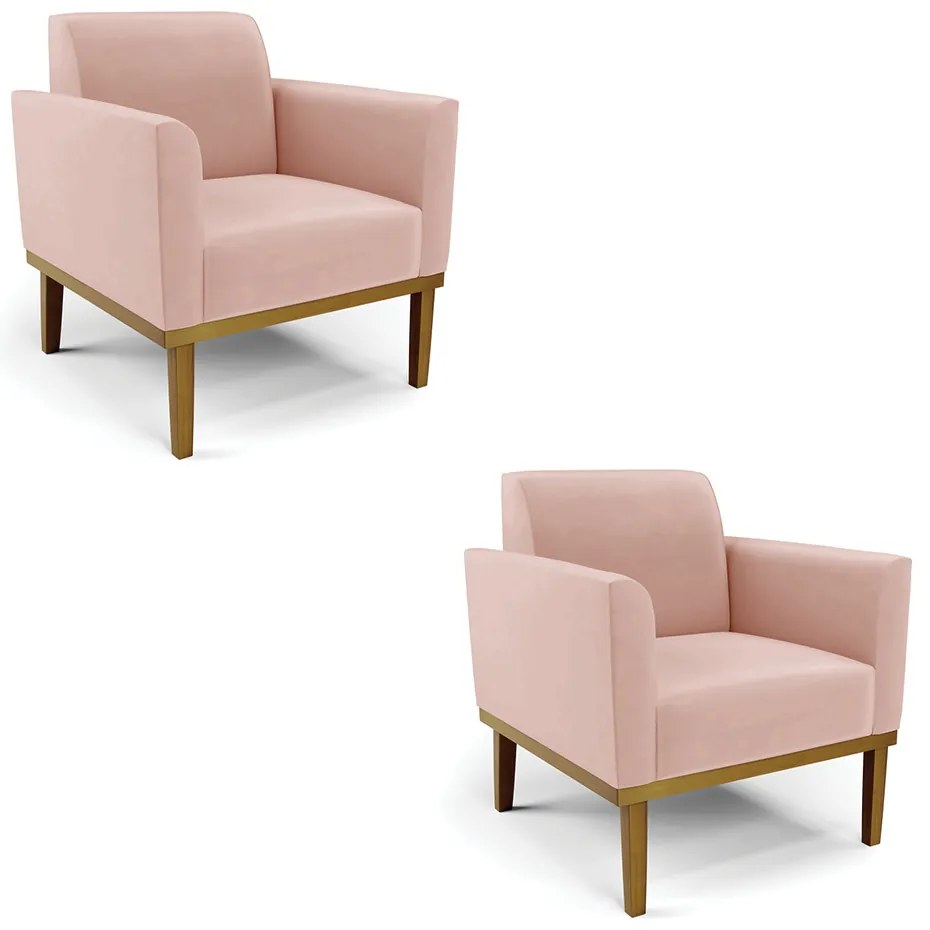 Kit 2 Poltronas Base de Madeira Fixa Castanho Marisa Veludo - Rose