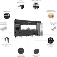 Armário de Cozinha Com Tampo CP06 360cm Pérola Preto Z34      - Mpozen