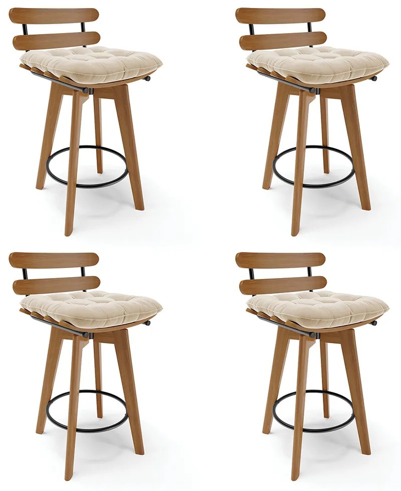 Kit 04 Banquetas Giratória Costela Suede Base Madeira MA70 - D'Rossi - Bege