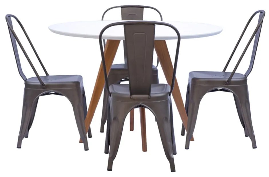 Conjunto Mesa Square Redonda Branco Fosco 88cm com 4 Cadeiras Tolix Ferrugem Vintage