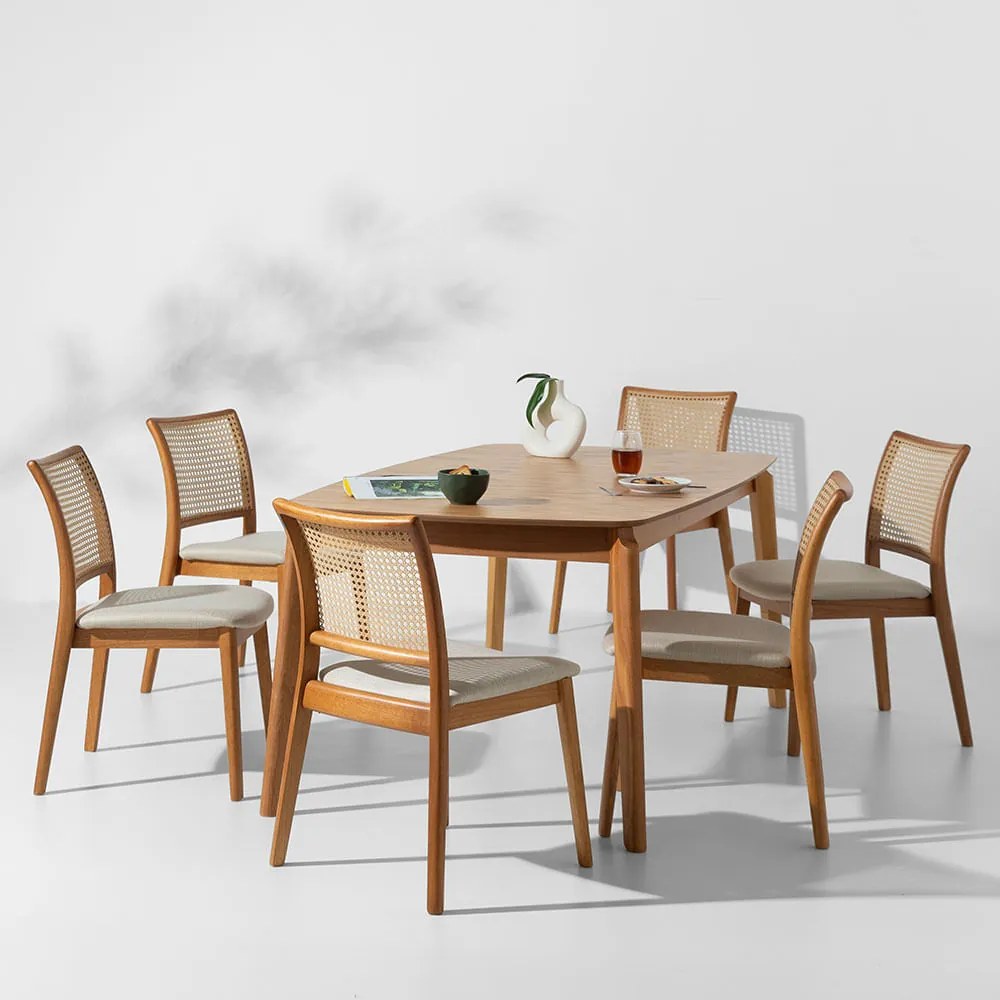 Conjunto Mesa de Jantar Lalá Retangular Carvalho Americano - 1,80mx1m + 6 Cadeiras Amai Palha Larga Plot  - Areia