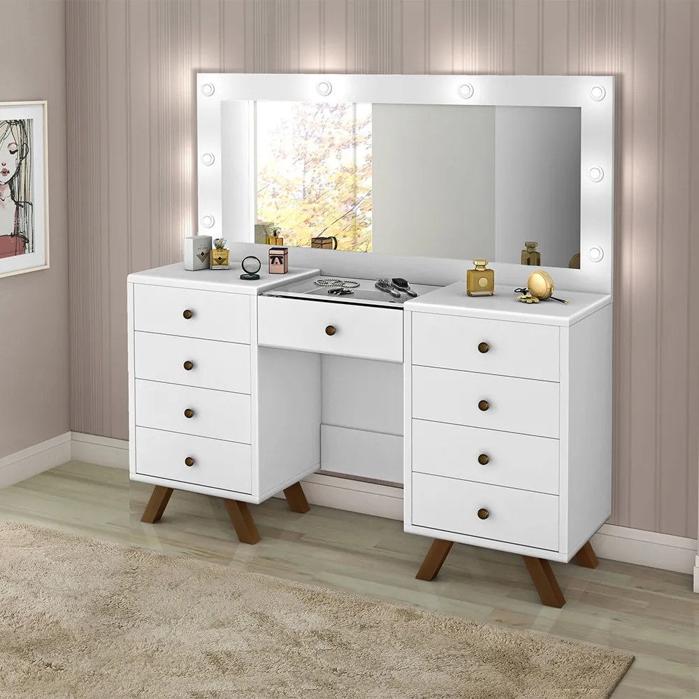 Penteadeira Decorativa 8 Gavetas Porta Joias com Tampo de Vidro Finn Branco G37 - Gran Belo