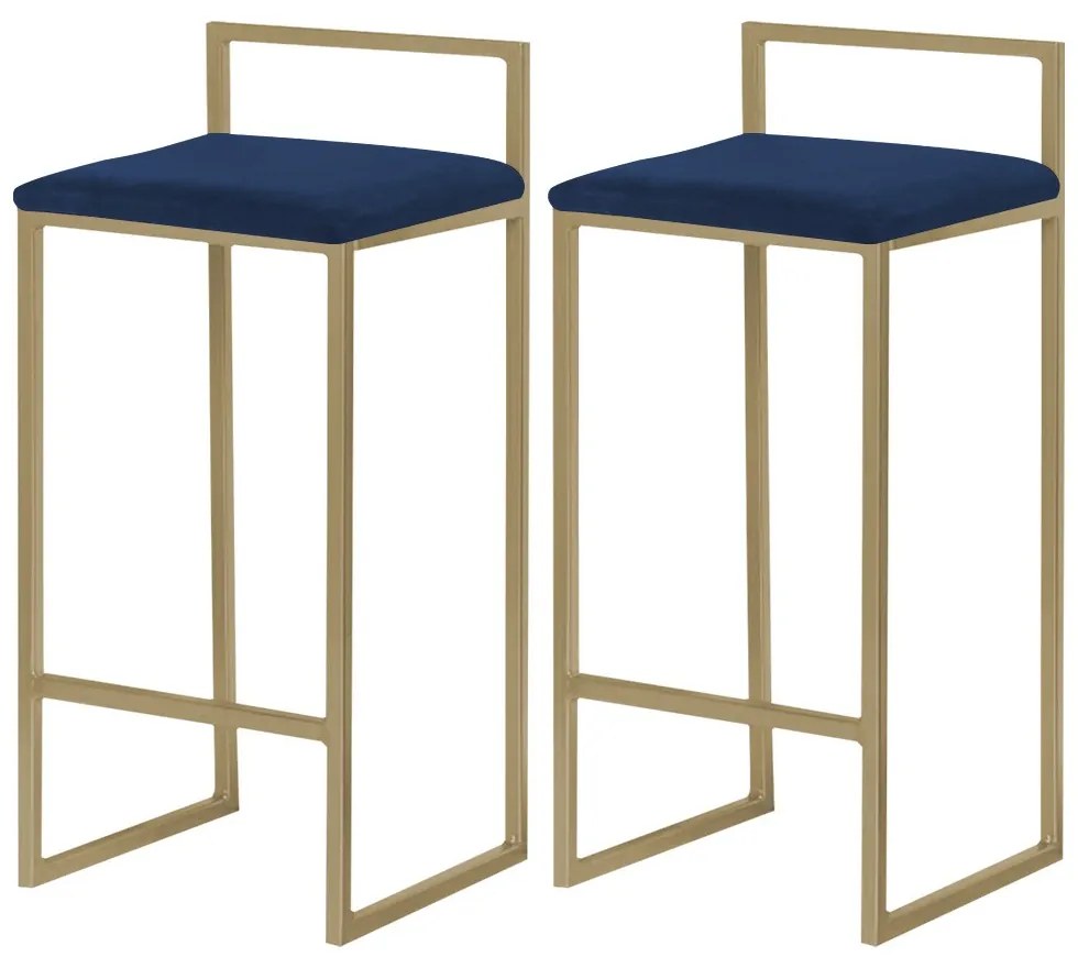 Kit 2 Banquetas Decorativa Jasmine Base Gold Veludo Azul G41 - Gran Belo