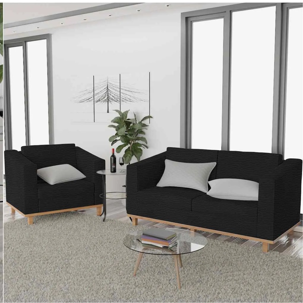 Kit Sofá 2 Lugares e Poltrona Europa Corano Preto ADJ Decor
