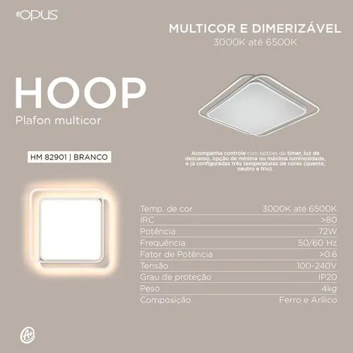 Plafon Hoop 72W Multicolor Branco Bivolt 38X38 | Opus Hm 82901 (Dourado)