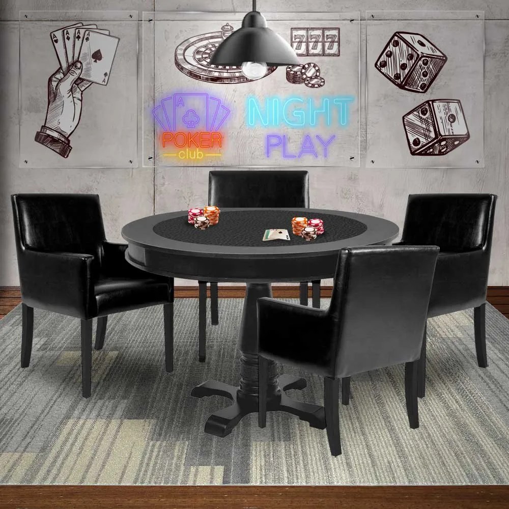 Mesa de Jogos Carteado Redonda Victoria Tampo Reversível Preto com 4 Cadeiras Liverpool PU Sintético Preto Liso G36 G15 - Gran Belo