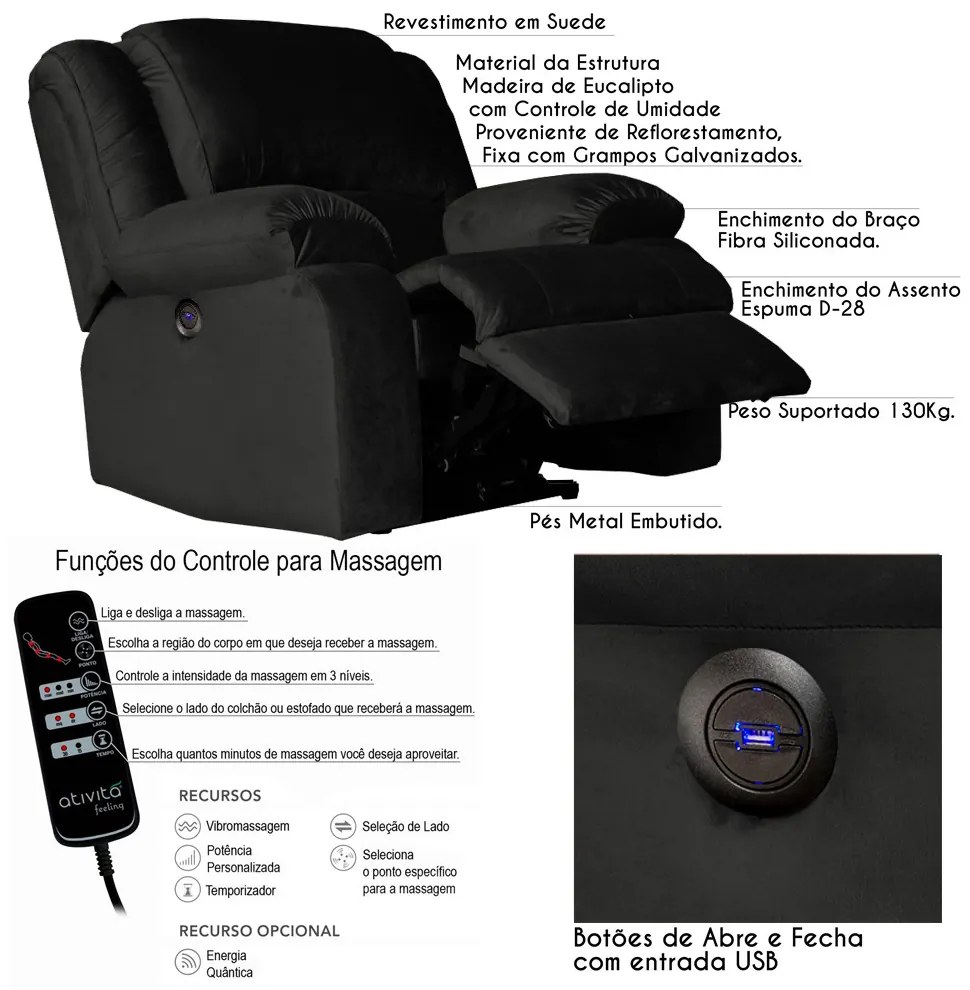 Poltrona do Papai Reclinável Elétrica com Massagem e USB Magnum Veludo Marrom G23 - Gran Belo
