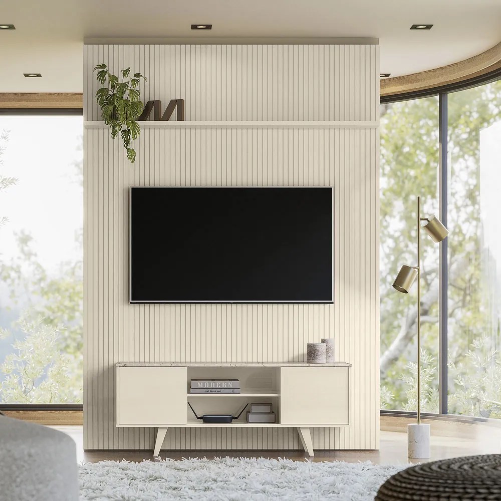 Conjunto Painel com Bancada Morpheus 2 Portas Deslizantes MDP até 65 Calacata/OffWhite G97 - Gran Belo