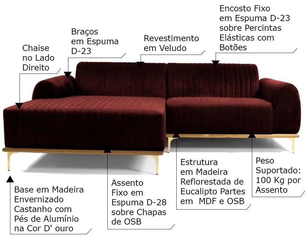 Sofá 4 Lugares Bipartido com Chaise Lado Direito Base de Madeira Euro 255 cm Veludo Vinho G15 - Gran Belo