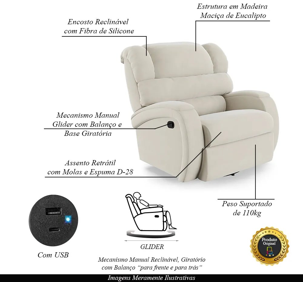 Poltrona do Papai Sala de Cinema Reclinável Kylie Glider Manual Giratória USB Veludo Bege G23