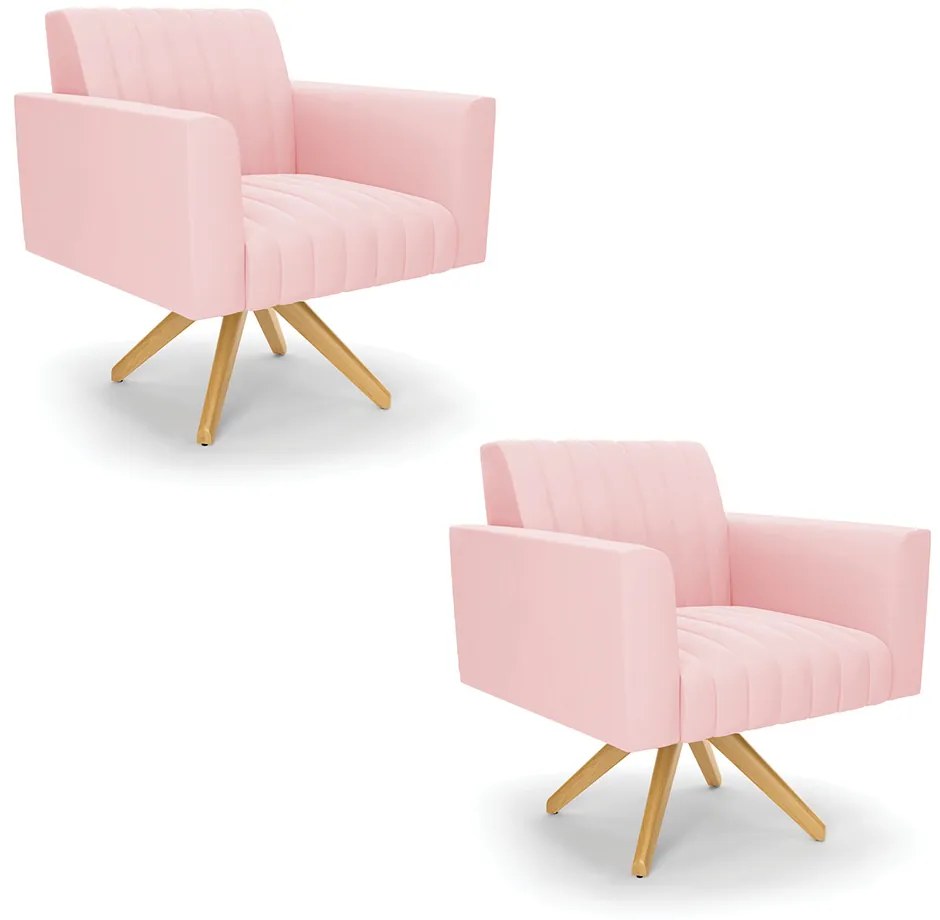 Kit 2 Poltronas Giratória Viena Gomada Suede Base de Madeira MA30 D03 - D'Rossi - Rosa Bebê