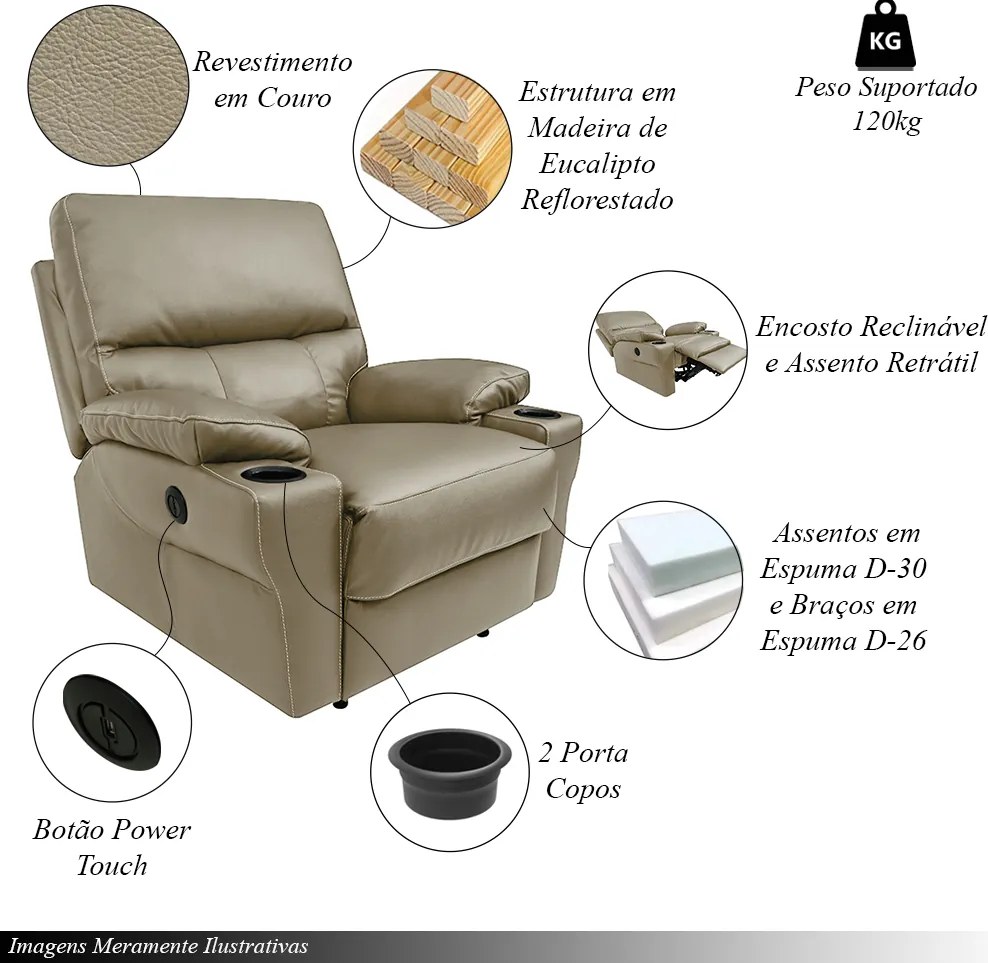 Poltrona do Papai Sala de Cinema Mia Reclinável Retrátil Power Elétrico Base Fixa Couro Avelã G40 - Gran Belo