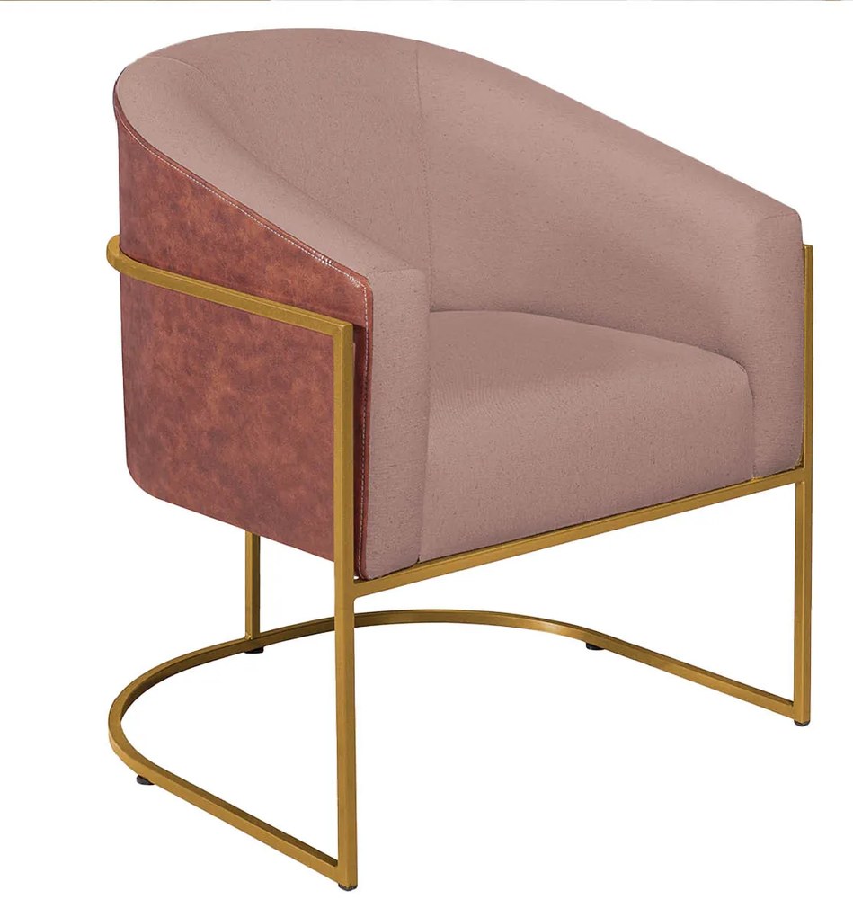 Kit 02 Poltronas Luiza Base de Ferro Dourado Corano Nozes e Linho Rosê - ADJ Decor