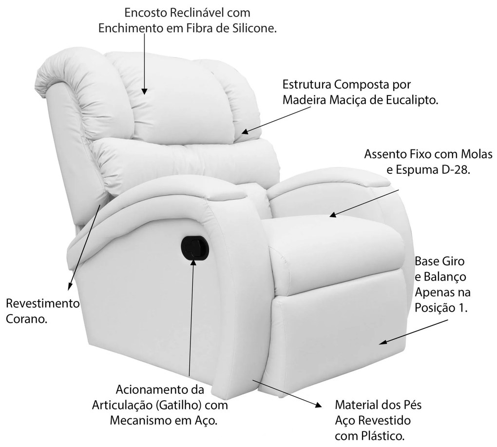 Poltrona do Papai Reclinável Giratória e Balanço Zero Wall com Gatilho Oasis PU Sintético Branco G23 - Gran Belo