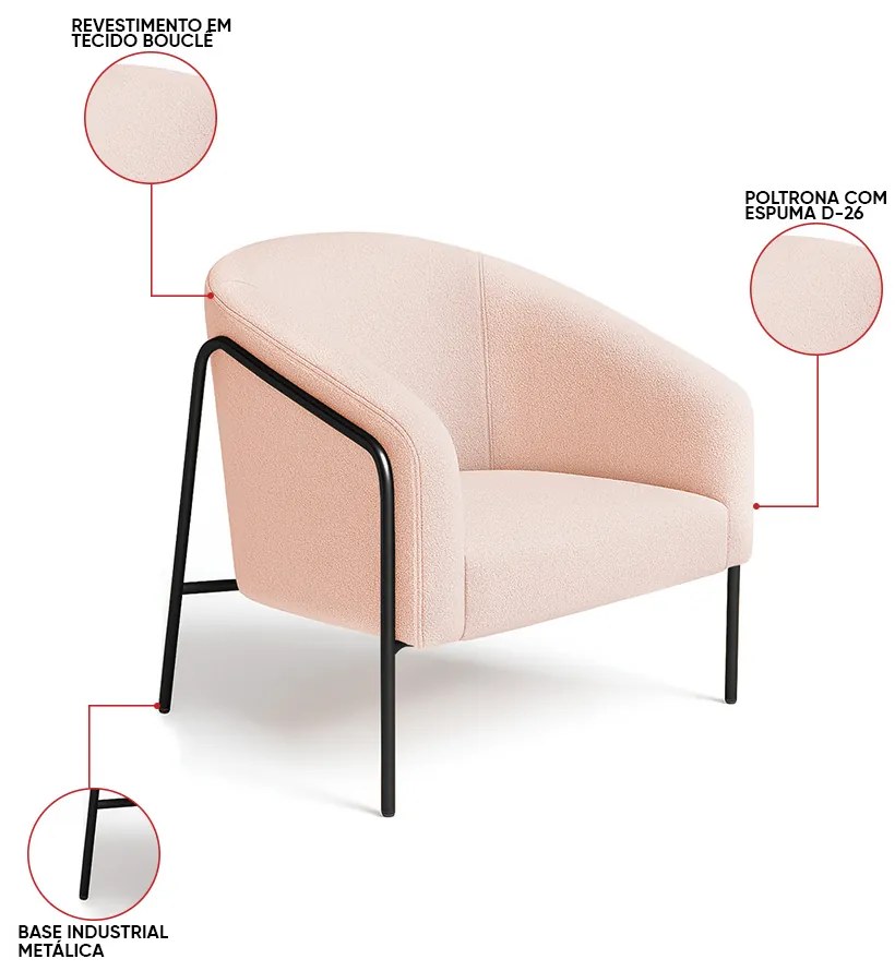 Poltrona Sala Industrial Alta Preto Kit 2 Stella Bouclê D03 - D'Rossi - Rose