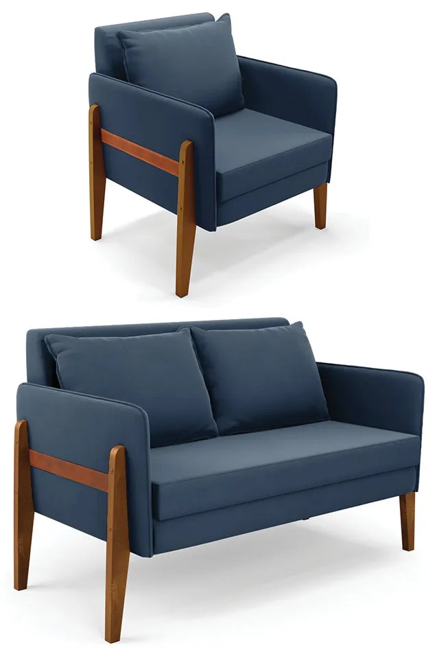 Kit 1 Sofá Namoradeira e 1 Poltrona Lana Suede Azul Marinho Base de Madeira - D'Rossi