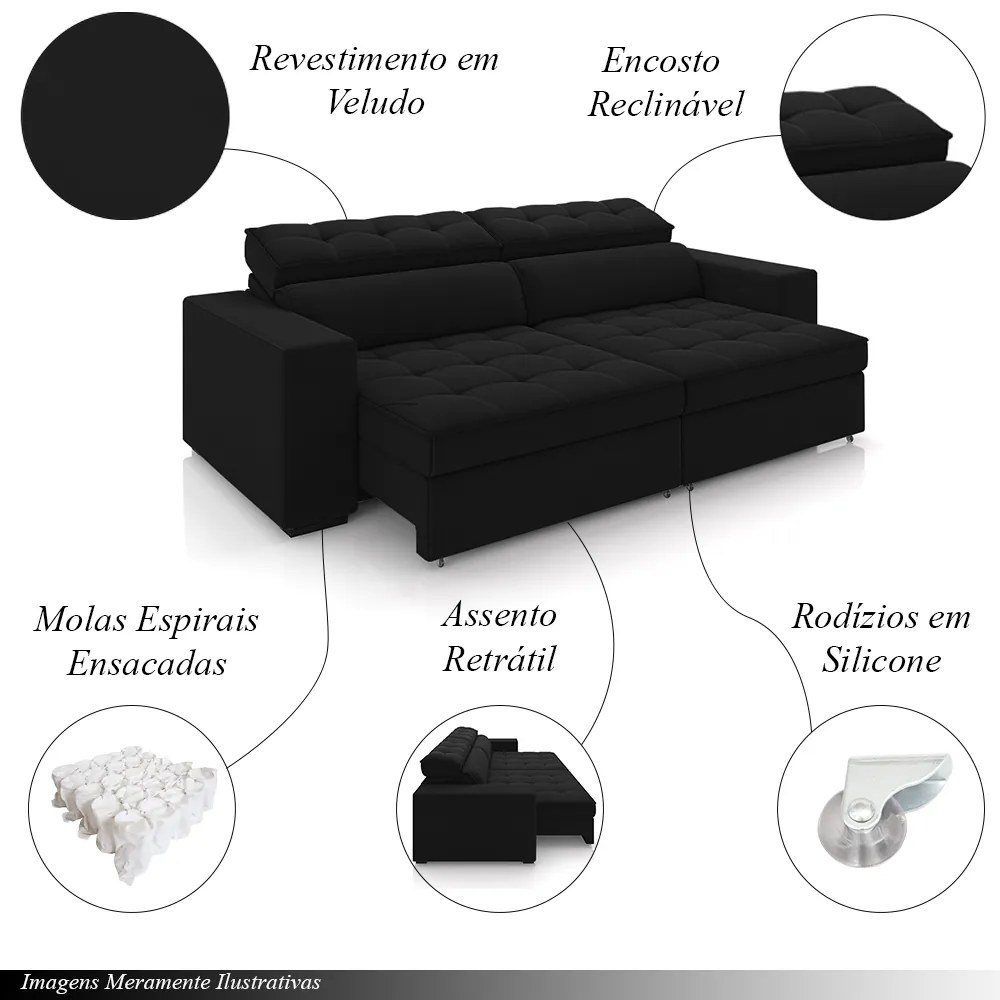 Sofá Decorativo Hugo 2 Lugares 246cm Reclinável e Retrátil Veludo Preto G45 - Gran Belo