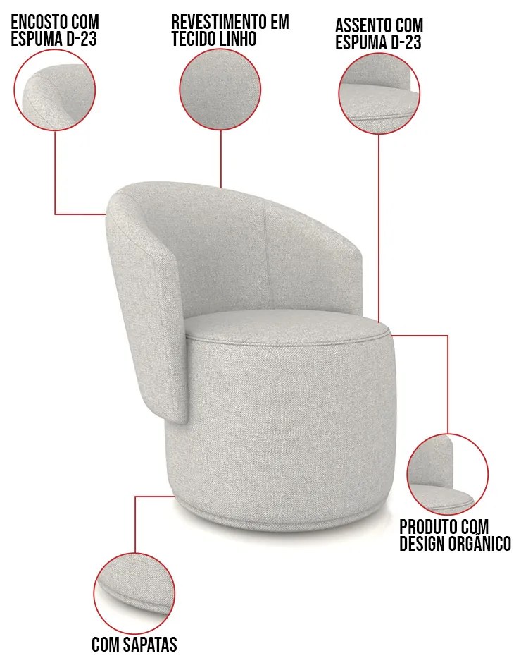 Poltrona Decorativa Orgânica Fixa para Sala kit 2 Malu Linho M11 - D'Rossi - Cinza