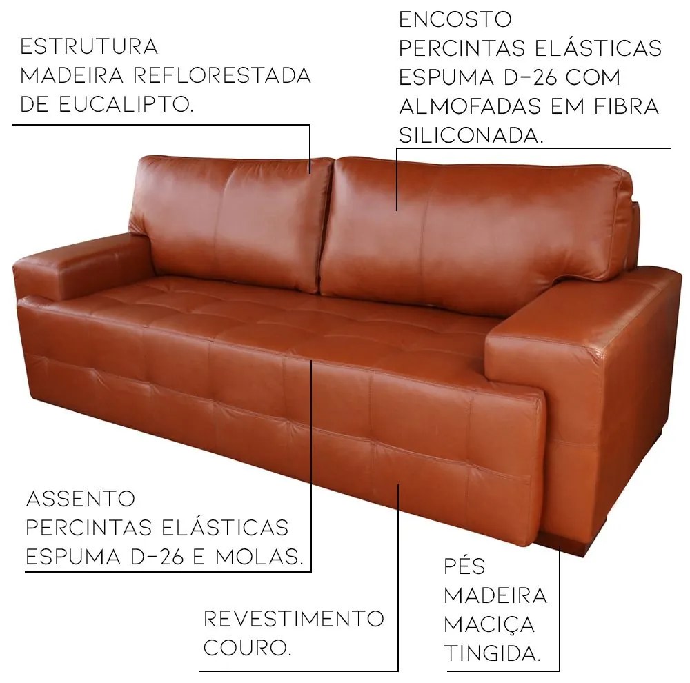 Sofá 3 Lugares Sala de Estar Roma 230 cm Couro Conhaque G58 - Gran Belo