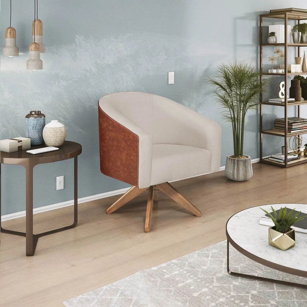 Poltrona Luiza Base Giratória de Madeira Corano Nozes e Linho Bege - ADJ Decor