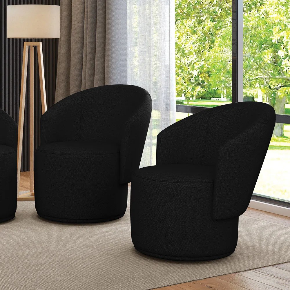 Poltrona Decorativa Orgânica Fixa para Sala kit 2 Malu Linho M11 - D'Rossi - Preto