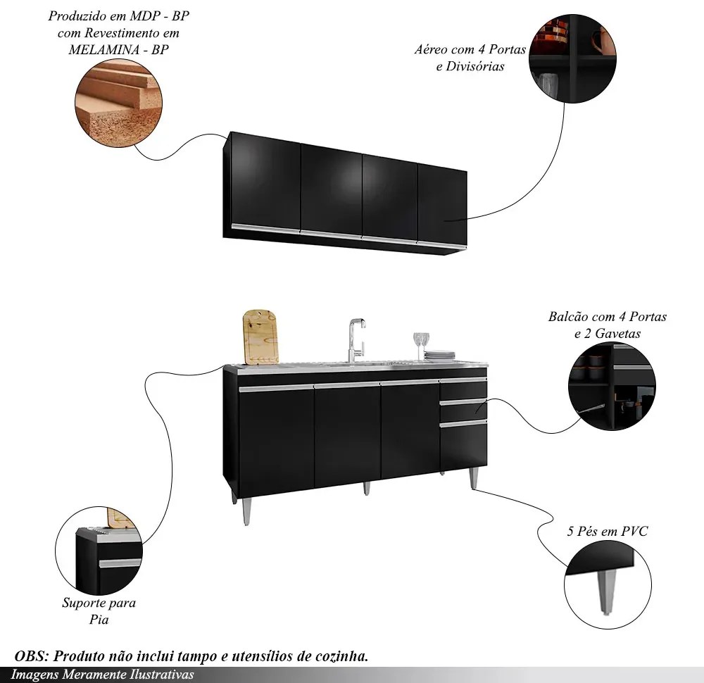 Conjunto Balcão de Cozinha e Aéreo para Pia Marcos MDP/BP Preto G96 - Gran Belo