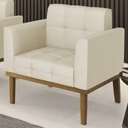 Poltrona Decorativa Base Madeira Castanho Ana Veludo Luxo Off White -