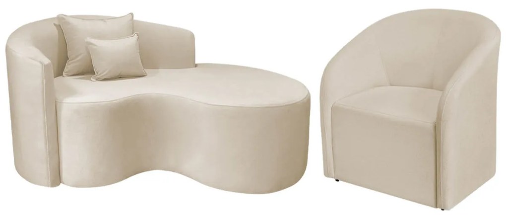 Kit Recamier Curvo Sala de Estar Inglaterra 150cm Lado Direito e Poltrona Orgânica Luxo Luiza Max Bouclé