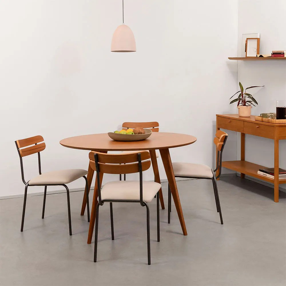 Conjunto Mesa de Jantar Square Redonda Louro Freijó - 1,08m + 4 Cadeiras Ribs Sarja - Deserto