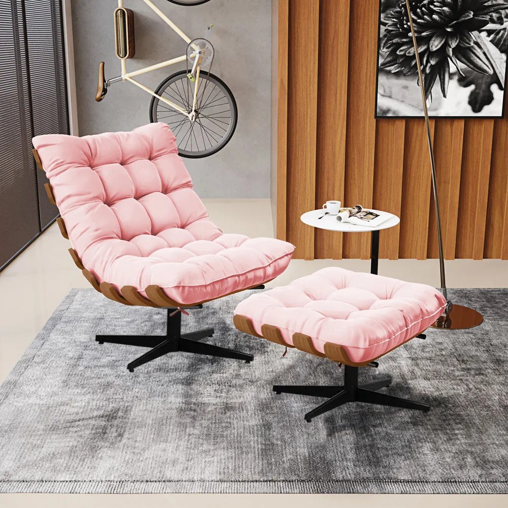 Kit 02 Puffs Giratório Costela Suede Base Cromada Preto - D'Rossi - Rosa Bebê