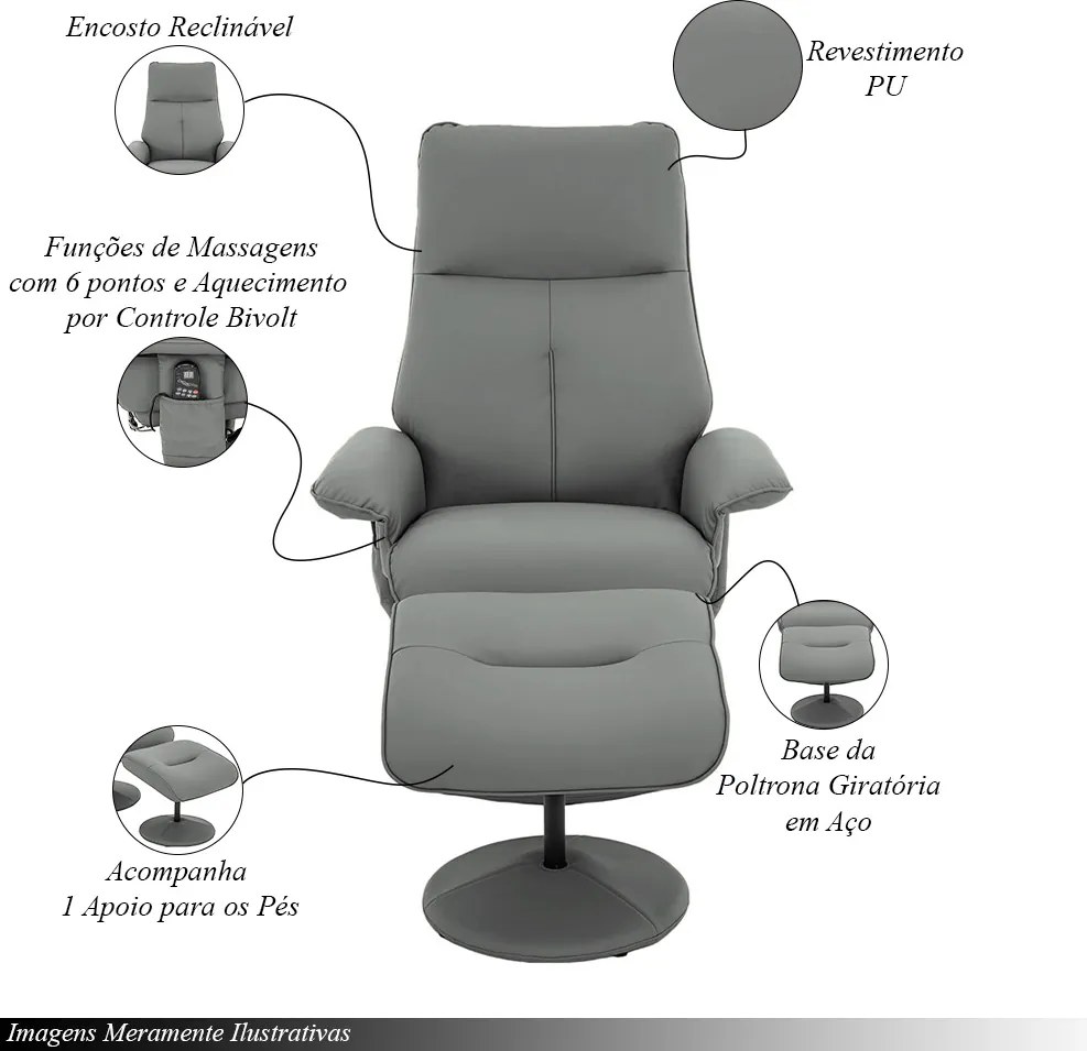 Kit 2 Poltronas de Massagem Arizona Giratória com Apoio de Pés e Reclinável Fendi G56 - Gran Belo