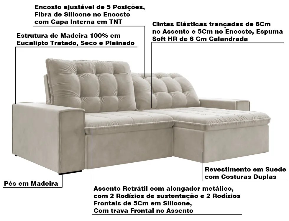 Sofá Retrátil 254 cm Sala de Estar Gabi Suede Bege G52 - Gran Belo