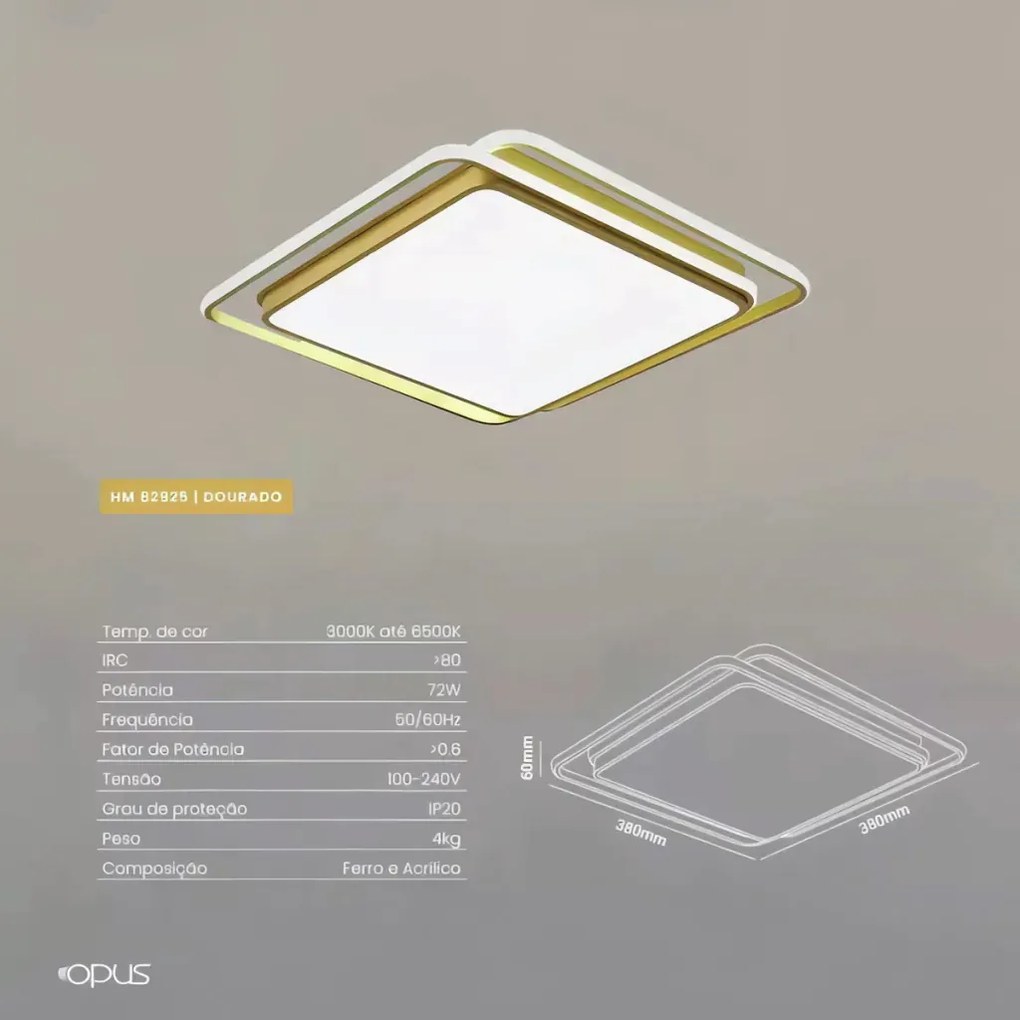 Plafon Hoop 72W Multicolor Branco Bivolt 38X38 | Opus Hm 82901 (Dourado)