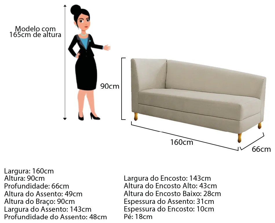 Recamier Valéria 160cm Lado Esquerdo Corano Bege - ADJ Decor