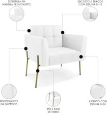 Poltrona Sala Pé Metal Dourado Kit 2 Ana Sintético Branco - Ibiza