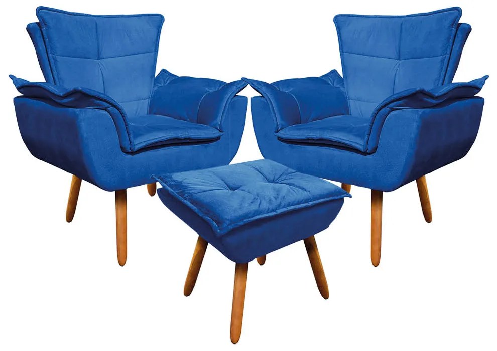 02 Poltronas e 01 Puff Pé Palito de Madeira Opala Suede - Azul Royal