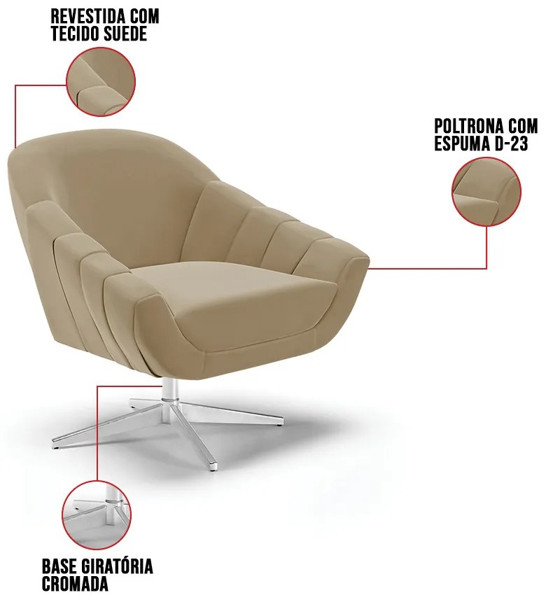 Poltrona Giratória Giovana Suede Base Cromada D03 - D'Rossi - Marrom Rato