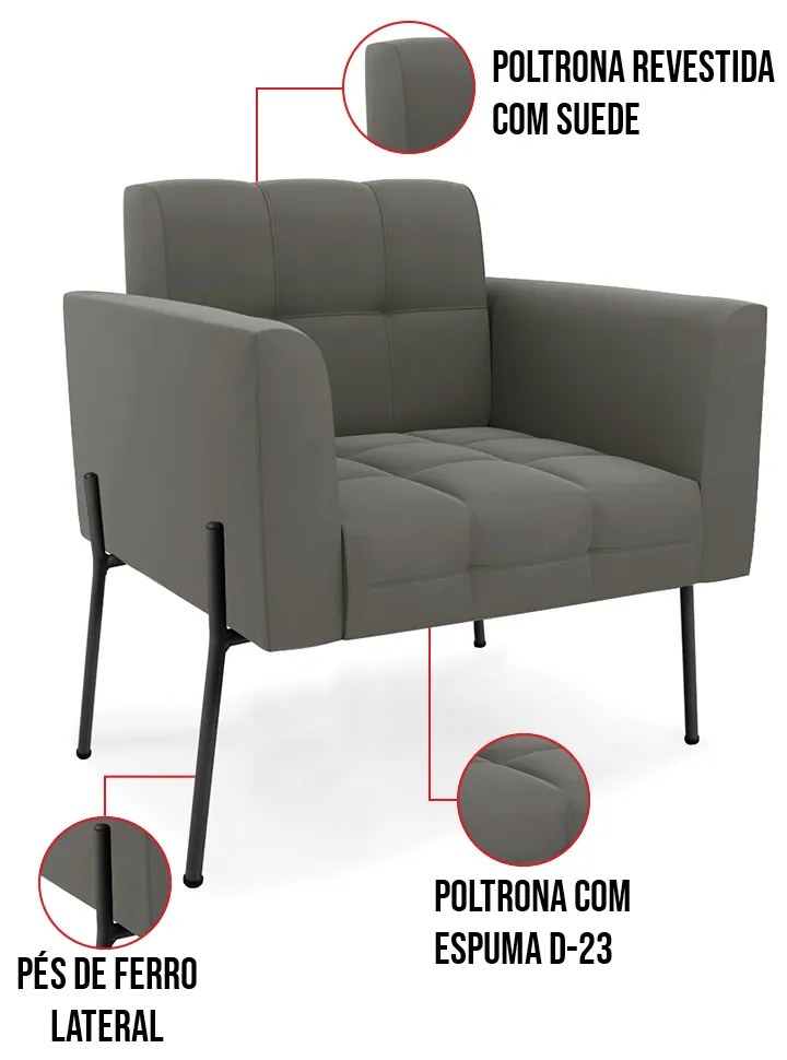 Poltrona Pé de Ferro Preto para Sala Elisa Suede D03 - D'Rossi - Marrom