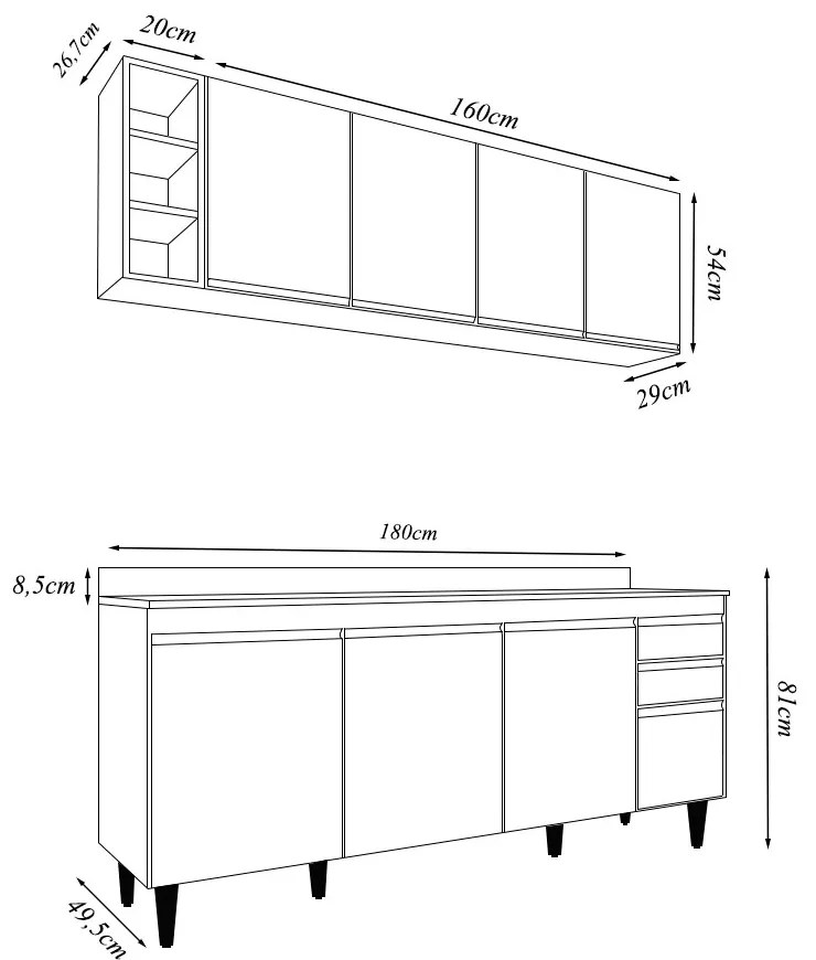 Conjunto Balcão de Cozinha com Tampo Apex Armário Aéreo MDP/BP Freijó/Grafite G96 - Gran Belo